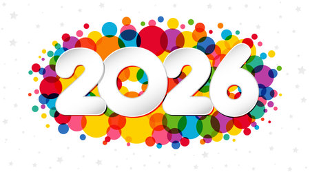 Greeting card concept with colorful bubbles and 3D paper style numbers 2 0 2 6. Happy New Year 2026 postcard design. Cute abstract background. Holiday horizontal banner. Web buttonのイラスト素材