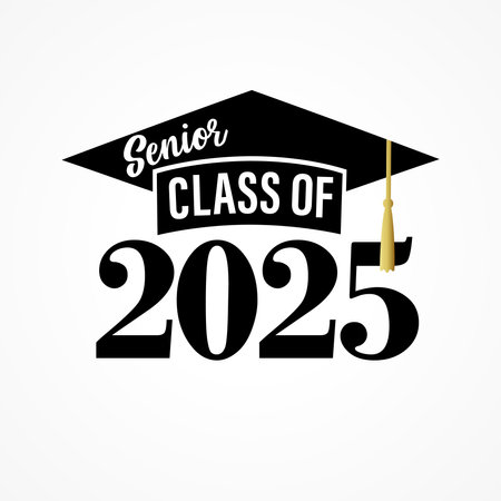 Senior Class of 2025, black graduation cap logo. Congratulation graduation, 2025 number with academic cap for party high school or college event. Vector lettering design for congraのイラスト素材