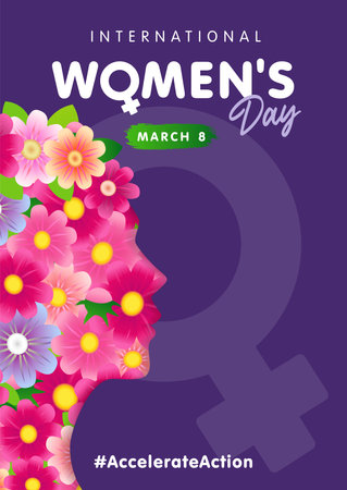 International Womens Day IWD 2025 creative poster design. Happy Woman's Day March 8 - Accelerate Action with flowers in girl head silhouette and female symbol. Vector Illustrationのイラスト素材