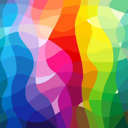 Bright colorful background with facet sections. Geometric abstract pattern with waving lines and multicolored elements. Blue, violet, purple, red, pinl, yellow and green colors. Raのイラスト素材