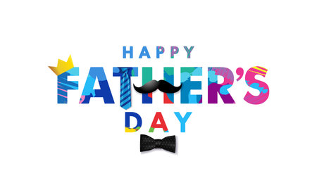 Happy Fathers Day, colorful grunge brush pattern typography. Father's Day calligraphic greeting card with crown, mustache, bow tie and striped necktie. Vector illustrationのイラスト素材