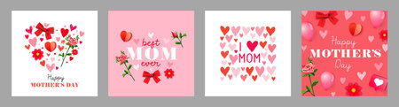 Best Mom Ever and I love you Mom greeting cards set with hearts and womens accessories. Happy Mother's Day creative typography banners set with spring flowers. Vector illustrationのイラスト素材
