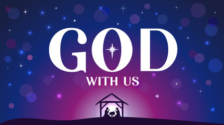 God with us, Immanuel - church banner with Bible quote typography, star and Nativity scene. Holiday concept for sermon series - Jesus lives within those who trust in Him. Vectorのイラスト素材
