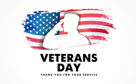 Happy Veterans Day USA banner with soldier and grunge flag. Veterans Day, November 11 - Thank you for your service, social media template. Vector illustrationのイラスト素材
