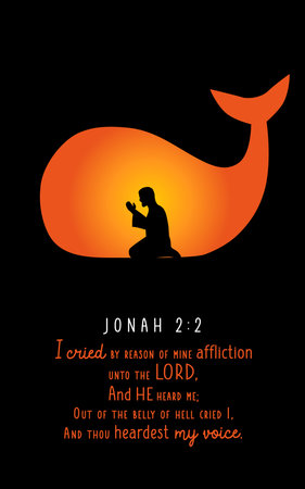 Jonah 2 2, Bible quote concept - I cried reason of mine affliction. Christian banner or t-shirt design with the prophet Jonah in the belly of the whale and typography. Vector illusのイラスト素材