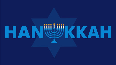 Happy Hanukkah lettering banner with menorah. Modern design for traditional Jewish holiday. Typography with Hanukkah menorah illustration. Vector designのイラスト素材