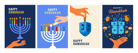 Happy Hanukkah 2025 greeting cards set with hand holding colorful menorah. Traditional symbol of Jewish Holiday of Lights - menorah, dreidel and gift for banner or poster design. Vのイラスト素材