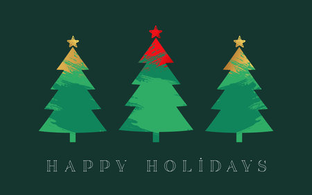 Happy Holidays greetings, Christmas tree with brush strokes. Merry Christmas creative vector design with xmas treesのイラスト素材