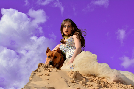 Gold Fashion Model dresses, woman in golden silk cloth beautiful girl looking at the sky the starsの写真素材