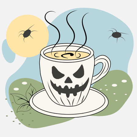 Illustration for the Halloween holiday. The coffe cup is a stylized pumpkin. Green, blue background. Vector graphicsのイラスト素材