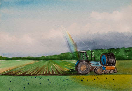 Large blue tractor watering sown wheat, rye, cabbage, potatoes, corn fields, watercolor, copy space...