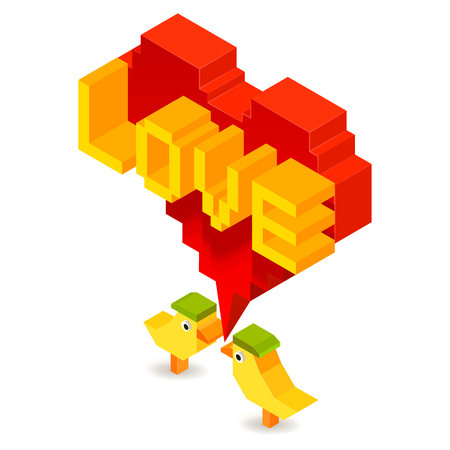 Little birds lover with 3D heart and lettering on a beige background, For themes like love valentine's day, Vector illustratorのイラスト素材