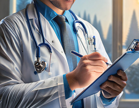 Close up professional female doctor wearing uniform taking notes in journal, Female doctor holding clipboard and writing somethingの写真素材