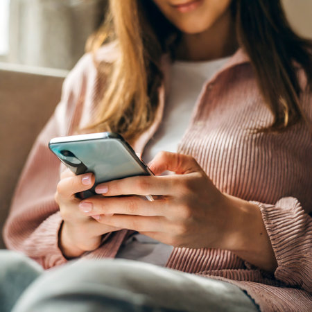 Close-up of beautiful young Caucasian woman using cell phone in living room, Asian woman holding and looking at smartphone screen in the living roomの写真素材
