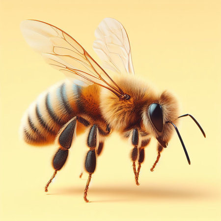 Cute honey bee on yellow isolated background, A minimalist shot of a honey bee on a bright yellow backgroundの写真素材