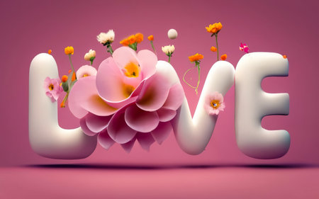 Word Love decorated with flower on pink background. Modern Valentine's Day concept. Creative greeting card layout. Flat lay,   âLOVEâ Wooden lettersの写真素材