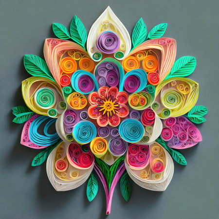 Flowers folk style, bright colors. 3d paper art, papercut, origame, colorful, Top view of colorful paper cut flowers origami , illustration, background, wallpaperの写真素材