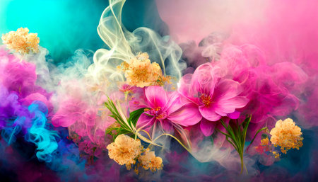 Blooming pink paper flowers bright fuchsia paper flowers decoration, A pink paper flower wreath on a pink background with leavesの写真素材