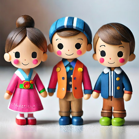 Cute little boy and girl dolls in colorful clothes, closeupの写真素材