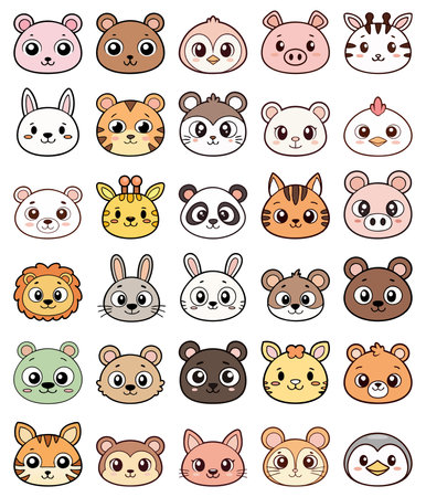 Cute Cartoon Doodle Animal icons Face animals, Kids Drawings of face animals, Vector illustrationのイラスト素材