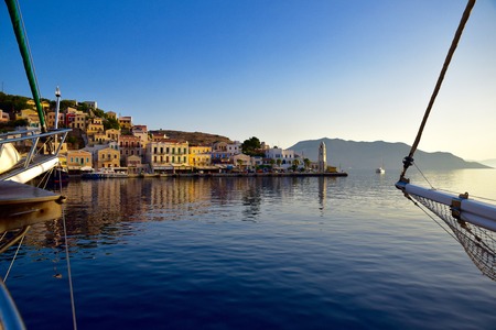Yachts in the harbour at Symi Island Greeceのeditorial素材