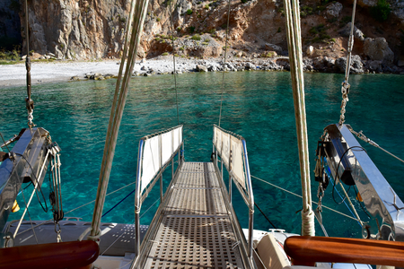 Gang Plank of stern of a yacht in the Mediterranean.の写真素材