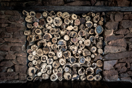 Wood stacked in fire placeの写真素材