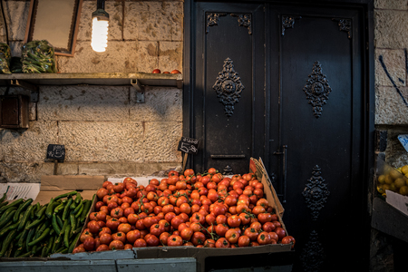 tomatoes and cucumbers in the market place in Jerusalem Israelの写真素材