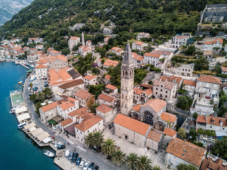 Drone image of Perast town in Montenegroの写真素材