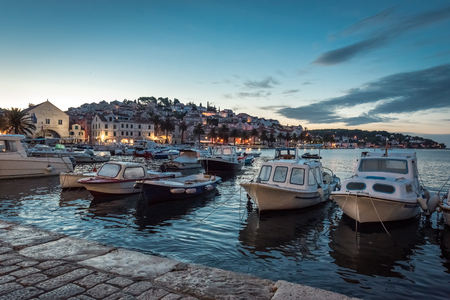 Boats moored in the harbour on Hvar Island Croatiaのeditorial素材