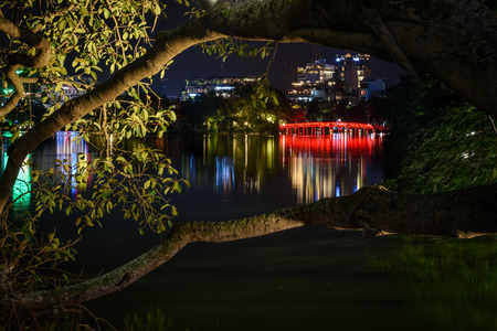 Night cityscape of Hanoi Vietnam from Hoan Kiem Lake.のeditorial素材