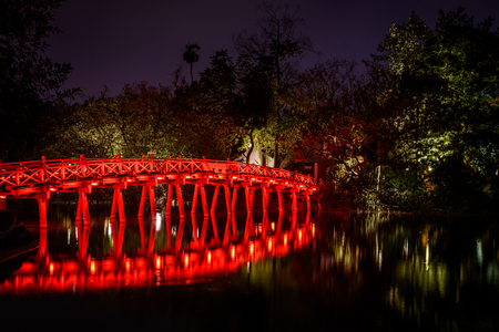Night cityscape of Hanoi Vietnam from Hoan Kiem Lake.のeditorial素材