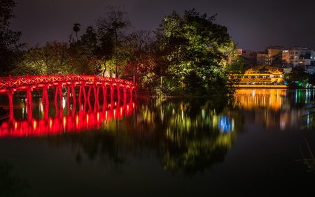 Night cityscape of Hanoi Vietnam from Hoan Kiem Lake.のeditorial素材