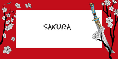 Horizontal spring banner in oriental style. White flowers of cherry and contours on the branches of trees, sword. There is a place for your text on a white background.のイラスト素材