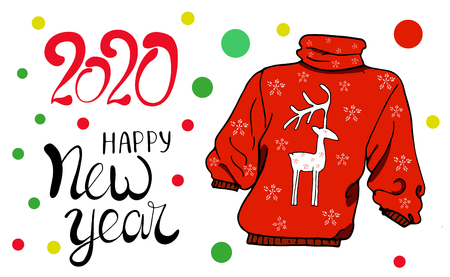 Vector red christmas sweater with white deer and snowflakes in cartoon doodle style. Congratulatory inscription lettering of a happy new year 2020.のイラスト素材