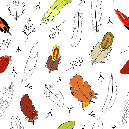 Vector seamless pattern with compositions of hand-drawn bird feathers, traces of bird legs, branches in doodle style. Beautiful colored endless background.のイラスト素材