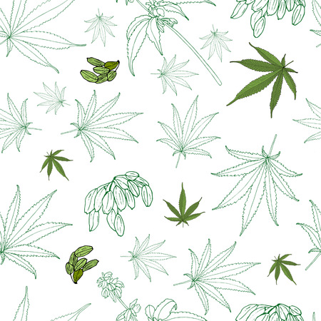 Vector seamless pattern with compositions of hand drawn branches, leaves, fruits and cannabis seeds. Beautiful color green endless background.のイラスト素材