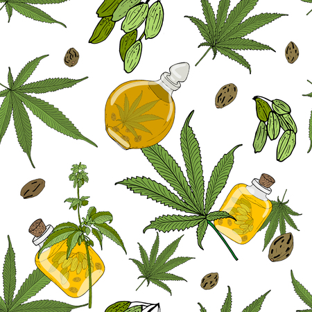 Vector seamless pattern with compositions of hand drawn branches, leaves, fruits and cannabis seeds, oil in a bottle. Beautiful color green and yelow endless background.のイラスト素材