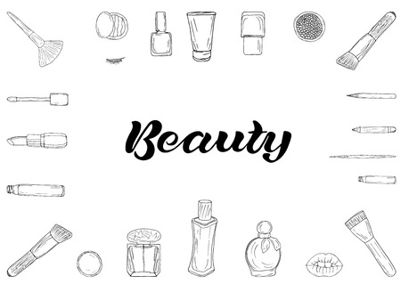Cosmetics products, fashion makeup banner. Vector illustrations set on white background. Cosmetics shop, beauty salon.Nail polish, cosmetic brushes, makeup pencil, perfume, lipstick.   Black and white, monochrome.のイラスト素材