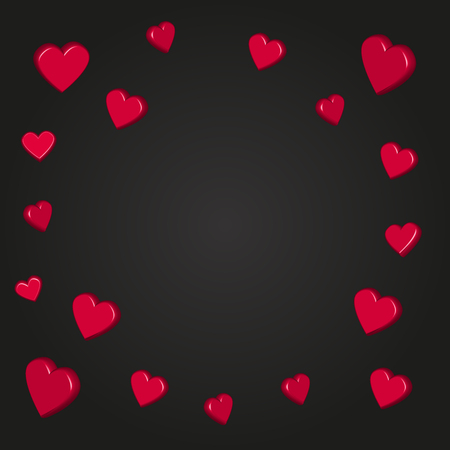 Vector realistic red hearts. Frame illustration. Template for Greeting Card, Poster and Banner. Black background.のイラスト素材