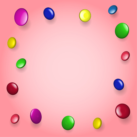 Vector realistic  colored candy. Frame illustration. Template for Greeting Card, Poster and Banner. Pink background. Sugar coated candy on pink background.のイラスト素材