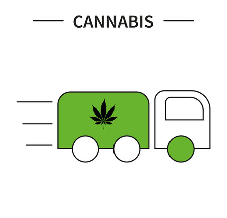 Delivery of hemp. Truck with cannabis icon. Icon line art. Hemp for life.のイラスト素材