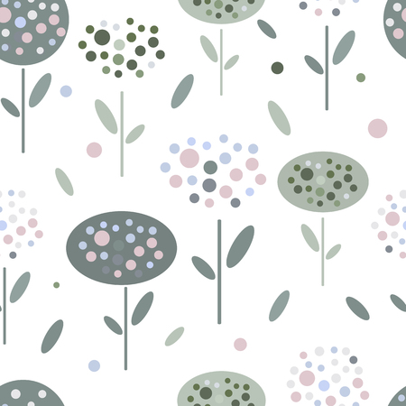 Abstract flowers in graphic flat style in muted shades of green, pink, gray, blue. Seamless background, vector illustration.のイラスト素材