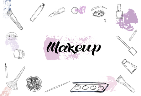 Cosmetics products, fashion makeup banner. Vector illustrations set on white background. Cosmetics shop, beauty salon.Nail polish, cosmetic brushes, makeup pencil, perfume, lipstick.のイラスト素材