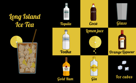 Alcoholic popular cocktail  Long Island Ice Tea recipe with ingredients. Cocktail infographic set. Flat vector illustration. Gin, vodka, gold rum, tequila, orange liqueur, ice. Suitable for animation.のイラスト素材