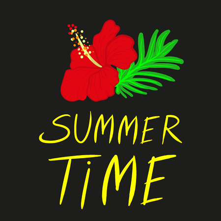 Bright summer time vector neon banner design with  colorful beach elements in black background. Red hibiscus and tropical leaves. Vector illustration.のイラスト素材