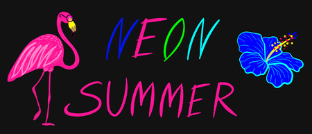 Bright summer time vector neon banner design with  colorful beach elements in black background. Vector illustration.  A bright flower hibiscus and pink flomingo.のイラスト素材