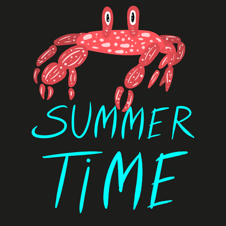 Bright summer time vector neon banner design with  colorful beach elements in black background. Bright author crab. Vector illustration.のイラスト素材