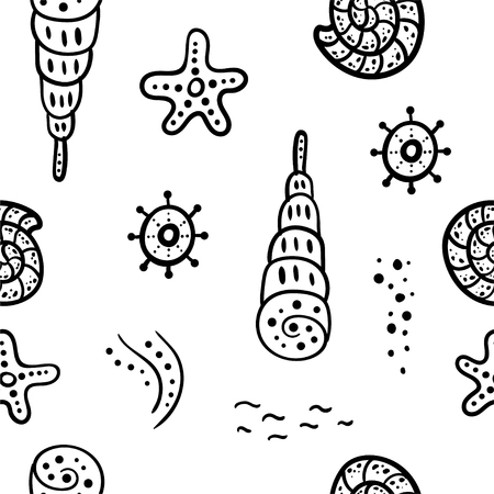 Black and white seamless pattern with sea elements on a white background. Sea shells, starfish, steering wheel. Doodle style Ideal for children's clothing, fabrics, textiles, children's decorations, wrapping paper. Vector illustration.のイラスト素材