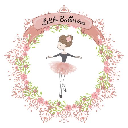 Little cute ballerina princess of the ballet. Decorative circle floral frame and ribbon with the inscription Little Ballerina.のイラスト素材